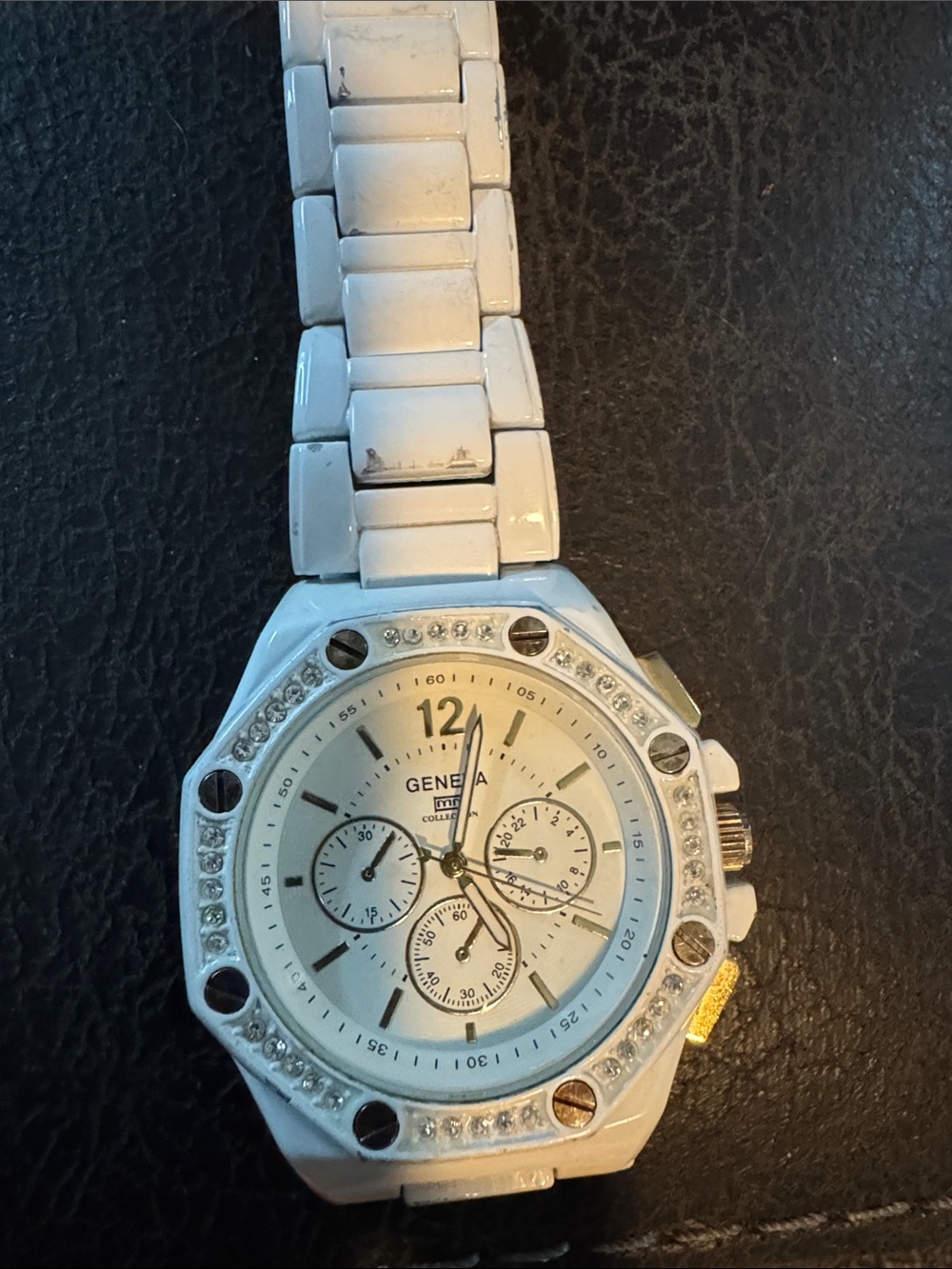 Geneva White Men’s Crystal Accent Chronograph Watch NEEDS BATTERY/REPAIR
